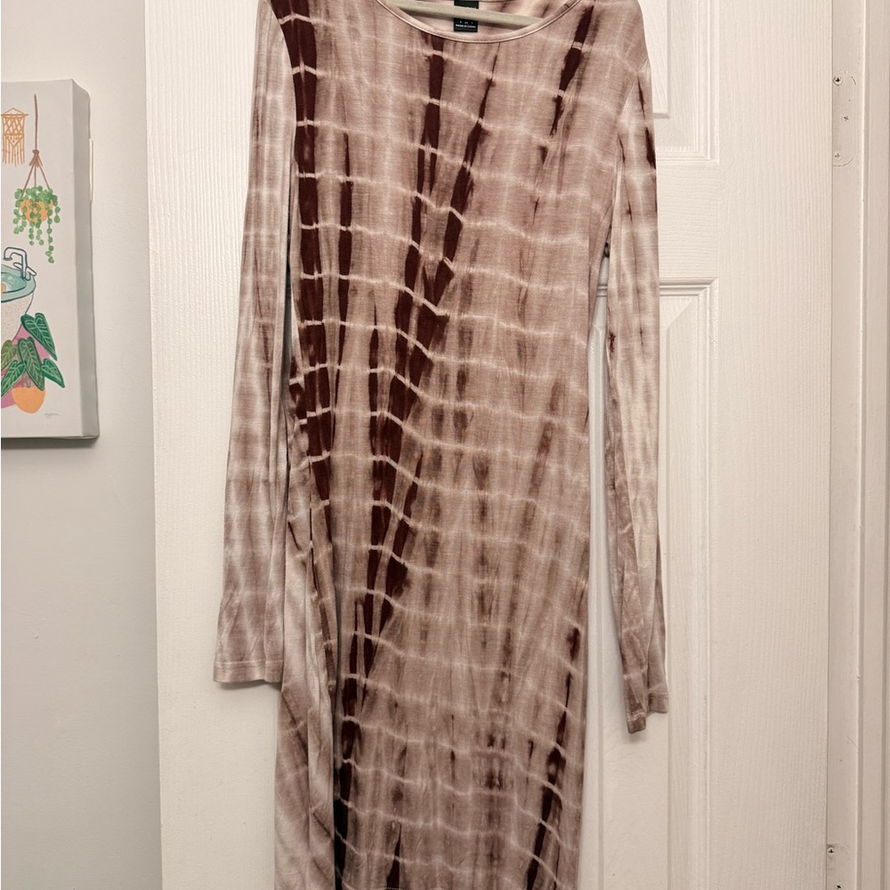 SHEIN Brown Tie-Dye Long Sleeve Midi Dress